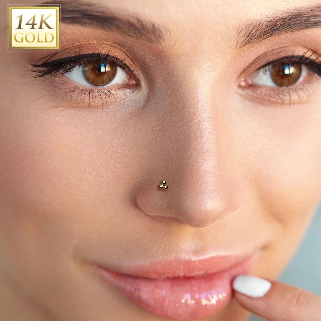 Złoto 585 labret kolczyk do nosa 3 małe kulki push-in - Image 2