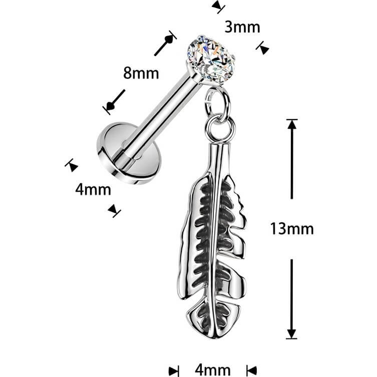 Labret cyrkonia w pazurkach i wiszące piórko push-in - Image 2