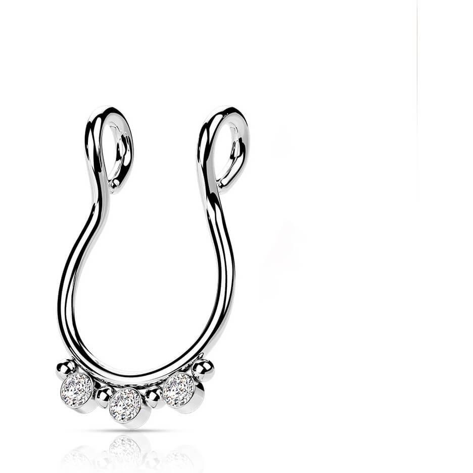 Fake piercing do nosa septum 3 cyrkonie płaski kolczyk rozginany - Image 4