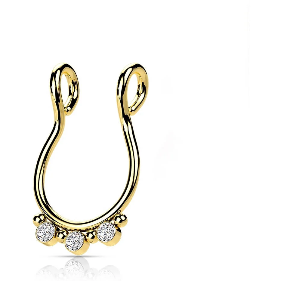 Fake piercing do nosa septum 3 cyrkonie płaski kolczyk rozginany - Image 5