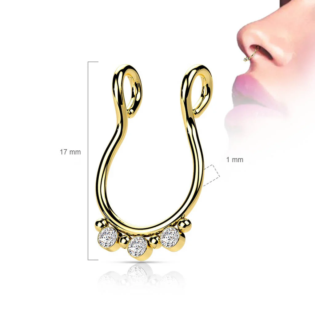 Fake piercing do nosa septum 3 cyrkonie płaski kolczyk rozginany - Image 7