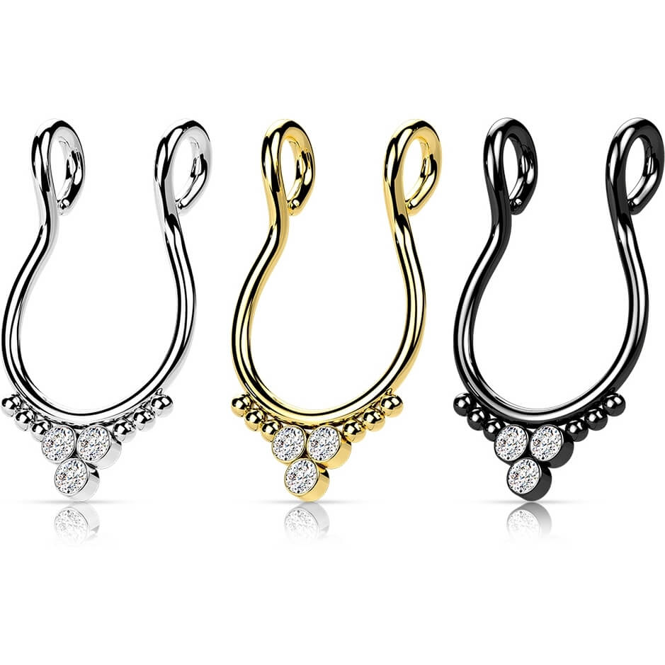 Fake piercing do nosa septum trójkąt 3 cyrkonie płaski kolczyk rozginany - Image 2