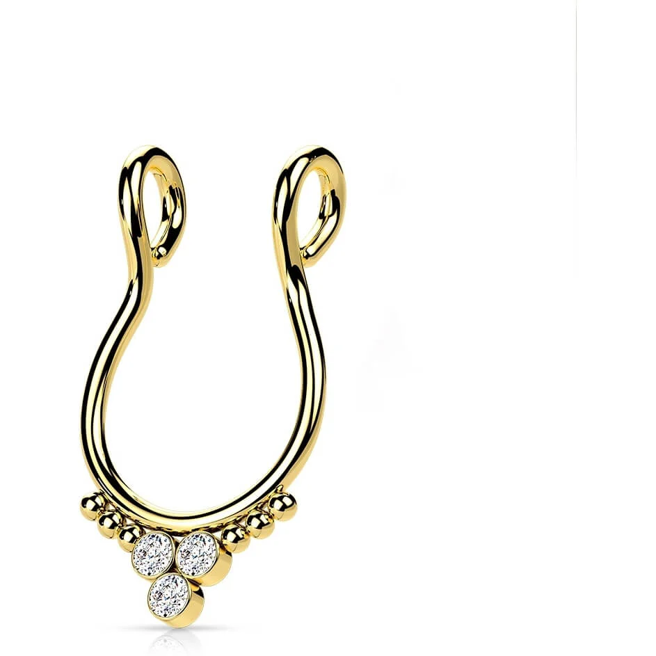 Fake piercing do nosa septum trójkąt 3 cyrkonie płaski kolczyk rozginany - Image 5